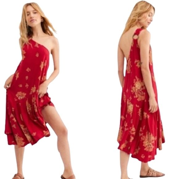 Free People Red Floral Single Shoulder Asymmetrical Beachy Toga Dress - Picture 1 of 8